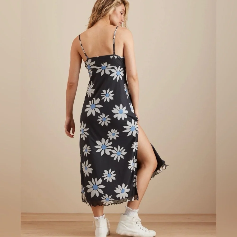 Y2K Coquette Mesh Daisy Slip Dress Blue Floral Sheer Maxi Midi American Eagle S